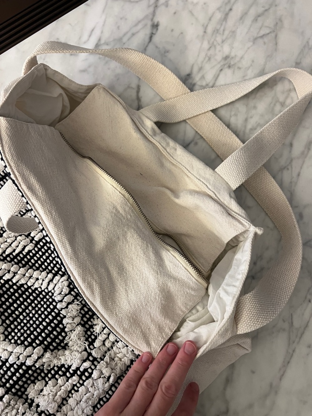 Aerie Cream and Black Woven and Canvas Tote Bag with Geometric Front Panel - Picture 2 of 9